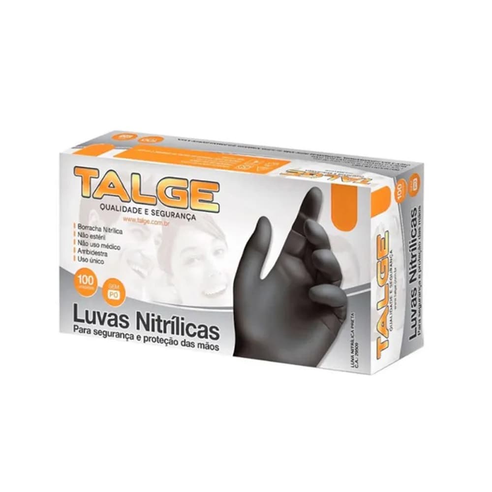 Luva Nitrílica Talge sem Pó Preta Tamanho G 100 unidades