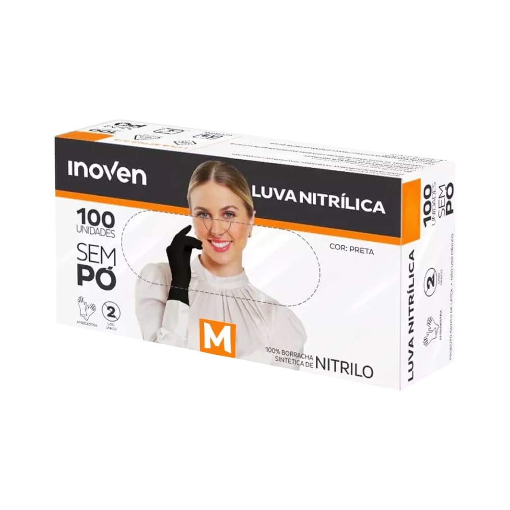 Luva Nitrilica Inoven Preta Sem Pó Tamanho M