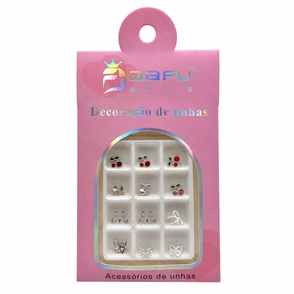 Decoração de Unhas Cereja, Laço e Borboleta Prata